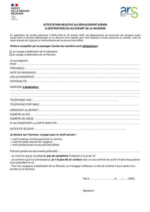 Attestation relative au déplacement aérien à destination ou au départ de La Réunion