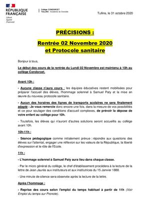 Precisions Rentrée Lundi 02 Novembre Message Parents