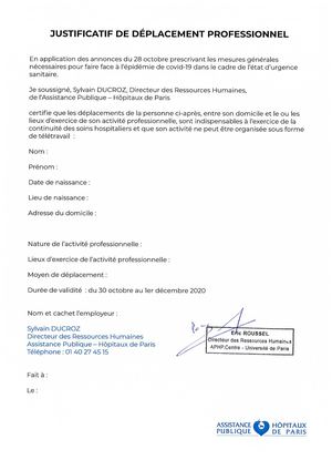 Attestation Pour Déplacement Professionnel