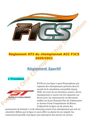 Règlement sportif du championnat GT3 Sprint 2020-2021