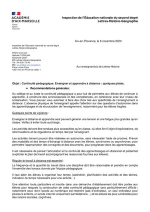 6 11 20 Courrier Des Inspecteurs Lettres His Toire Continuité Pédagogique Enseigner Et Apprendre A Distance
