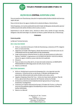 Itinerario Tarma La Merced Huancayo