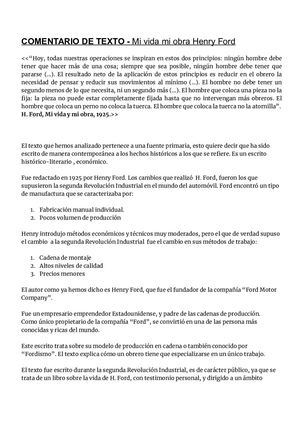 Comentario De Texto Mi Vida Mi Obra H Ford