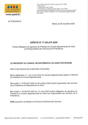 Arrêté portant délégation de signature du Président du conseil départemental du gard aux responsables des services de la Présidence N°71 DAJCP 2020