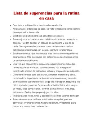Lista De Sugerencias Para La Rutina En Casa