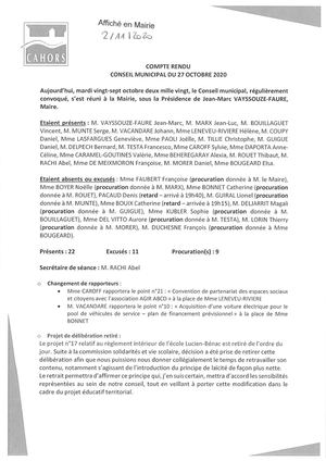 Séance du conseil municipal de la Ville de Cahors du 27 octobre 2020