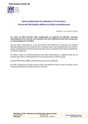Info Presse Msa Versement Aide Exceptionnelle Solidarite 10112020