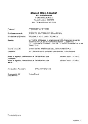 Ordinanza N 216 Del 12 Novembre 2020