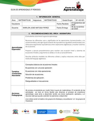 Guía De Aprendizaje Matematicas 8 3er Período Octavo