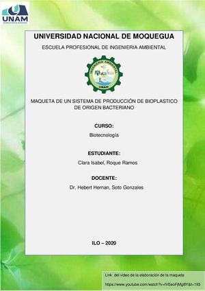 Maqueta de un sistema de bioplástico de origen bacteriano