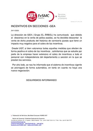 Comunicado sobre incentivos en las secciones 2020