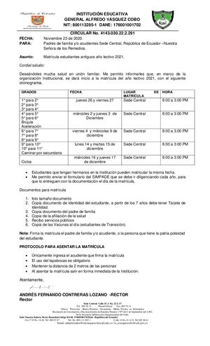 Circular 291 Matriculas