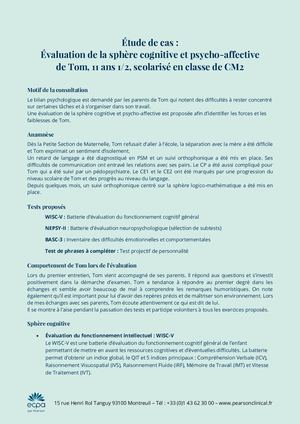 Étude de cas : Évaluation de la sphère cognitive et psycho-affective de Tom, 11 ans 1/2, scolarisé en classe de CM2