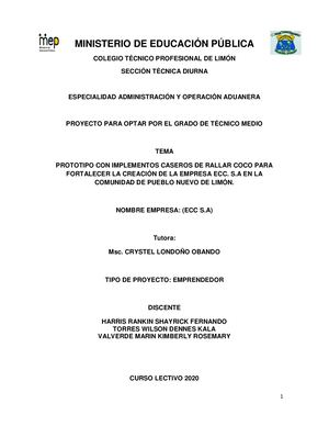 Prototipo Con Implementos Caseros De Rallar Coco Para Fortalecer La Creación De La Empresa Ecc S A En La Comunidad De Pueblo Nuevo De Limón