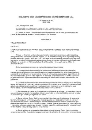REGLAMENTO DE LA ADMINISTRACIÓN DEL CENTRO HISTÓRICO DE LIMA