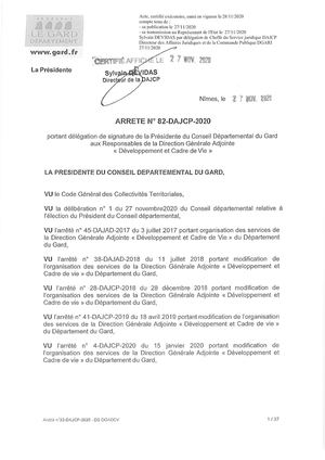 Arrêté portant délégation de signature de la Présidente du Conseil Départemental du Gard aux Responsables DGADS 82 DAJCP 2020