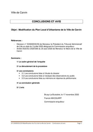 Modification du PLU - Conclusions et Avis du Commissaire Enquêteur