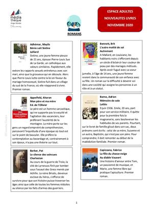 NOUVEAUTES LIVRES ADULTES - NOVEMBRE 2020