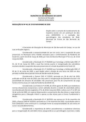 Resolucao Se N 40 2020 Conceito de reordenamento da Trajetória Escolar em um continuum de dois anos 2020 2021 e a Avaliação das Aprendizagens.