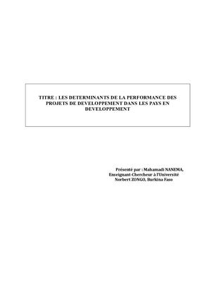 LES DETERMINANTS DE LA PERFORMANCE DES PROJETS DE DEVELOPPEMENT DANS LES PAYS EN DEVELOPPEMENT