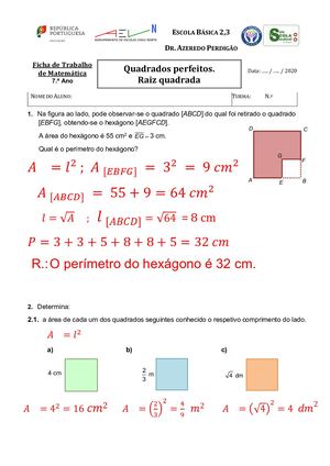 Correção -  Ficha de Trabalho Quadrados Perfeitos Raiz Quadrada