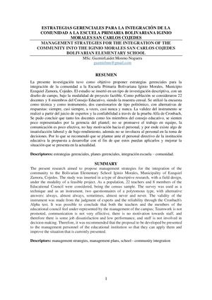 ESTRATEGIAS GERENCIALES PARA LA INTEGRACIÓN DE LA COMUNIDAD A LA ESCUELA PRIMARIA BOLIVARIANA IGINIO MORALES SAN CARLOS COJEDES