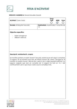 Fitxa Del Joc A L'excursió