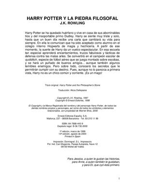 J K Rowling 01 Harry Potter Y La Piedra Filosofal