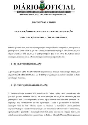 Diário Oficial Publicação - PRORROGAÇÃO DO EDITAL 455/2019 DO PROCESSO DE INSCRIÇÃO