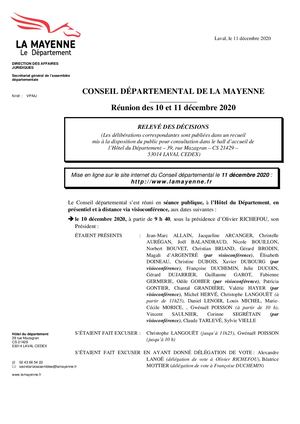 relevé des décisions du Conseil départemental – réunion des 10 et 11 décembre 2020