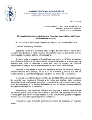 Comunicado Indulgencia Plenaria 2020