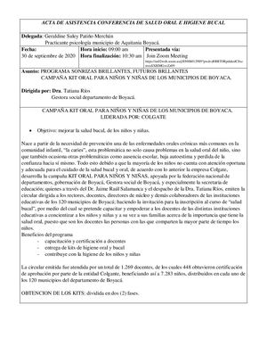 Acta De Socializacion Y Asistencia Conferencia De Salud Oral E Higiene Bucal