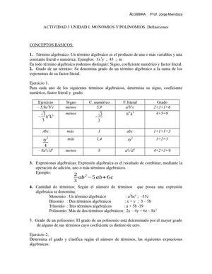 Monomios Y Polinomios Definiciones