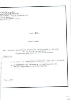 مقاطعة فاس ييي   دفتر التحملات للتدبير المفوض لمصالح جمع النفايات والنظافة بالجماعة الحضرية لفاس  (Contrat n° 12/2012)