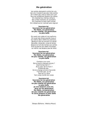 Ma Génération Validé Modele Pour Texte Paroles Oaa