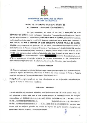 Termo De Aditamento Apm Da Emeb Flamínio Araújo De Castro Rangel, Estudante Ta