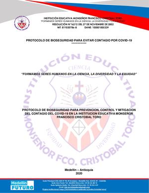 Protocolo De Bioseguridad I E Monseñor Francisco Cristobal Toro