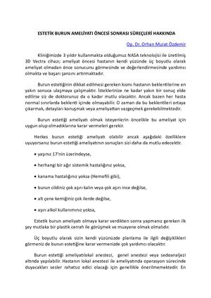 Esteti̇k Burun Ameli̇yatı Öncesi̇ Sonrası Süreçleri̇ Hakkında -