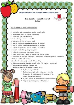 Lista de útiles 3 Años 2021