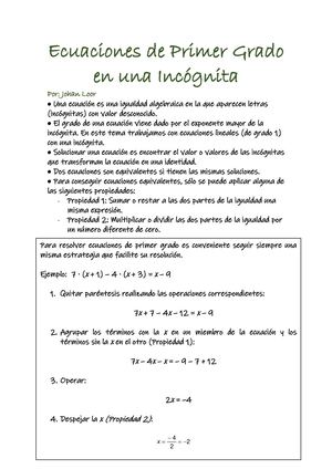 Ecuaciones De Primer Grado En Una Incógnita
