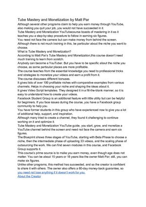 Tube Mastery And Monetization By Matt Par