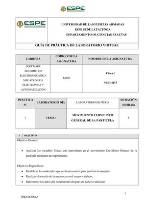 Guía De Laboratorio Virtual Movimiento Curvilíneo en general de la partícula