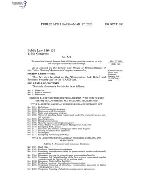 Cares Act Public Law 116–136—mar 27, 2020 134 Stat 281