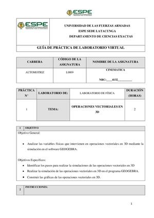 Informe De Laboratorio Virtual 1 Operaciones Vectoriales En 3d Guano Geimy