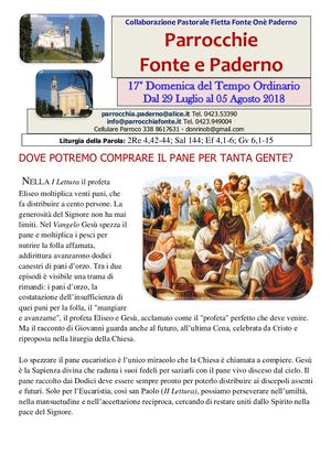 Avvisi Parrocchiali Dal 29 Luglio Al 05 Agosto 2018 - 17ª Domenica Del Tempo Ordinario