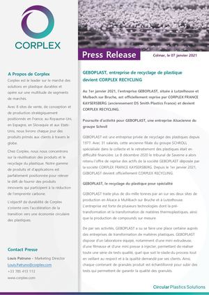 Communiqué De Presse - GEBOPLAST, entreprise de recyclage de plastique devient CORPLEX RECYCLING