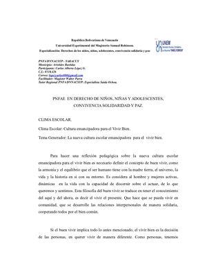 Clima Escolar Cultura Emancipadora Para El Vivir Bien