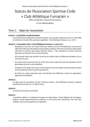 Statuts Cafumay - Dernières modifications le 12 octobre 2012