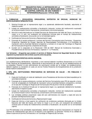 G Md 01 Requisitos Para La Obtención De La Inscripcion Para El Manejo De Medicamentos De Control Especial Uso Humano Y Veterinario