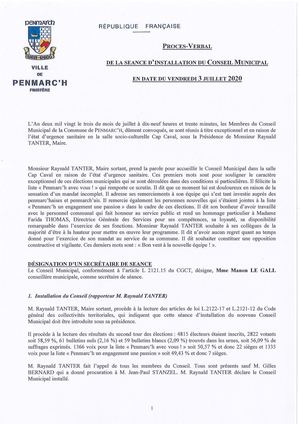 Procès-verbal Conseil Municipal d'installation 03 juillet 2020